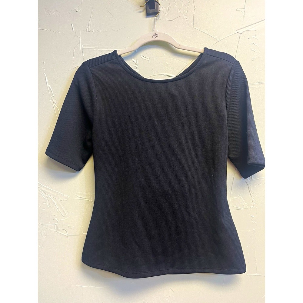 Worthington Women's Black Solid Knit Top Short Sleeve Scoop Neck Twist Back M